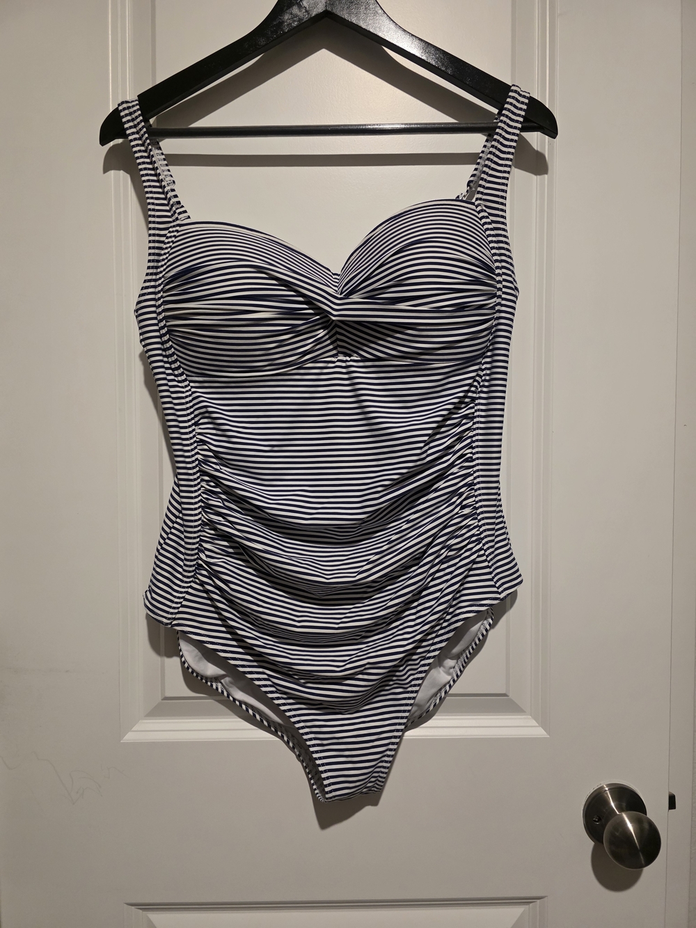Niptuck Swim navy and white striped one-piece swimsuit. U.S.12